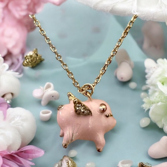kate spade Jewelry - Kate Spade Imagination Flying Pig Pink & Gold Enamel with Crystal Wings.